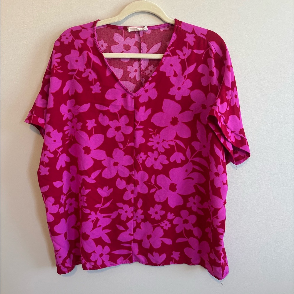 Vibrant Magenta Floral V-Neck Blouse